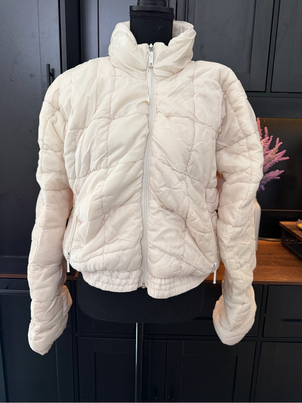 Women's Quilted Puffer Jacket in Cream with High Collar